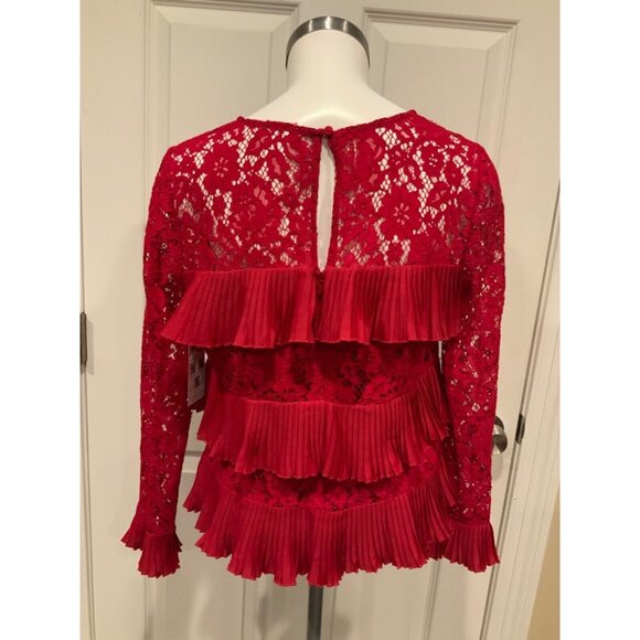 J. Crew Red Floral Lace & Pleated Ruffle Top Long Sleeve Shirt, Size 6 - Picture 6 of 8